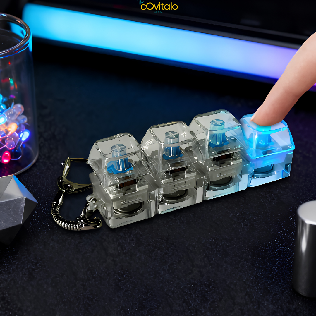 4 Keys LED Keyboard Fidget Toy Keychain – Mechanical Clicker Stress Relief Gadget with RGB Lights | Covitalo